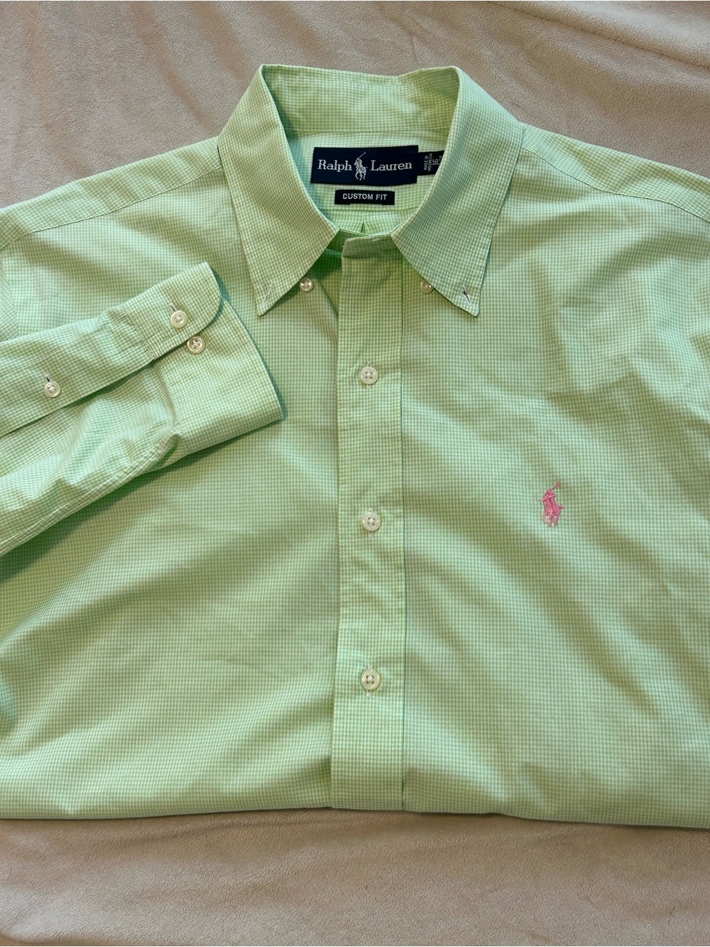 Ralph Lauren Button Down Shirt Mens 16 34 35 Green Gingham Custom Fit Pink Pony
